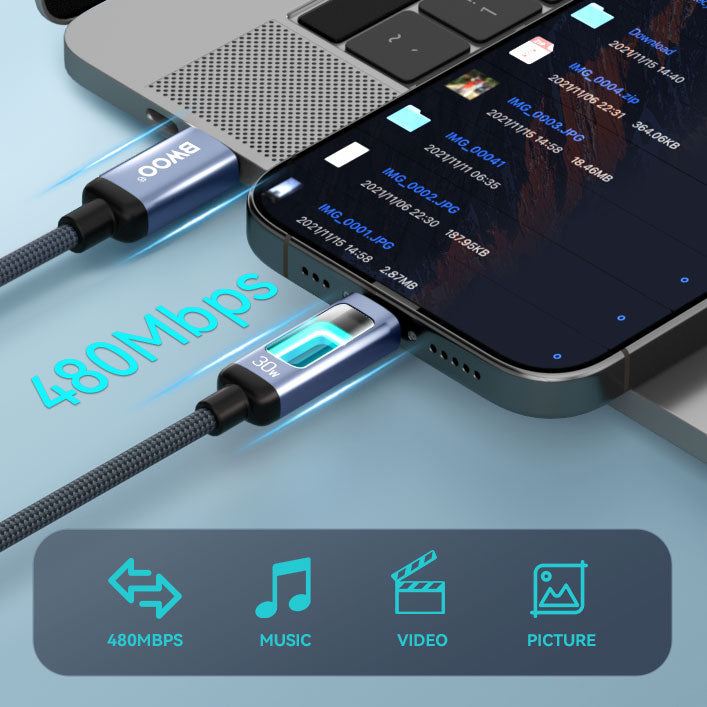 BWOO USB-C to Lightning Fast Charging Cable with RGB Color Lights 30W