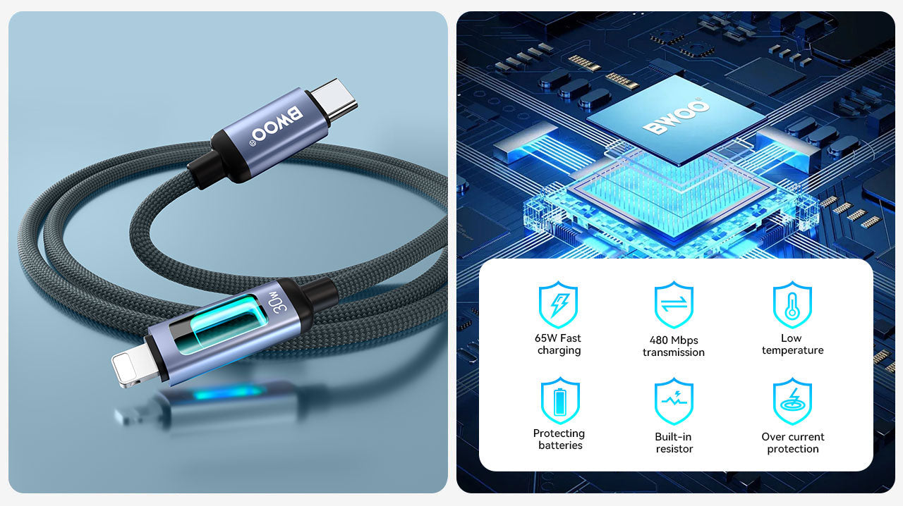 BWOO USB-C to Lightning Fast Charging Cable with RGB Color Lights 30W