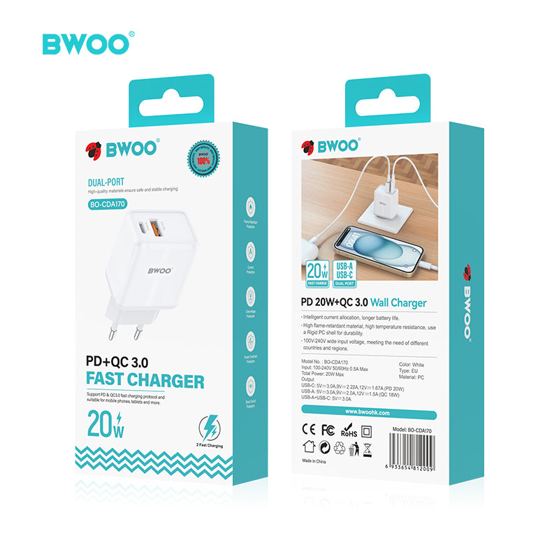 BWOO PD 20W USB-A + USB-C Fast Charger